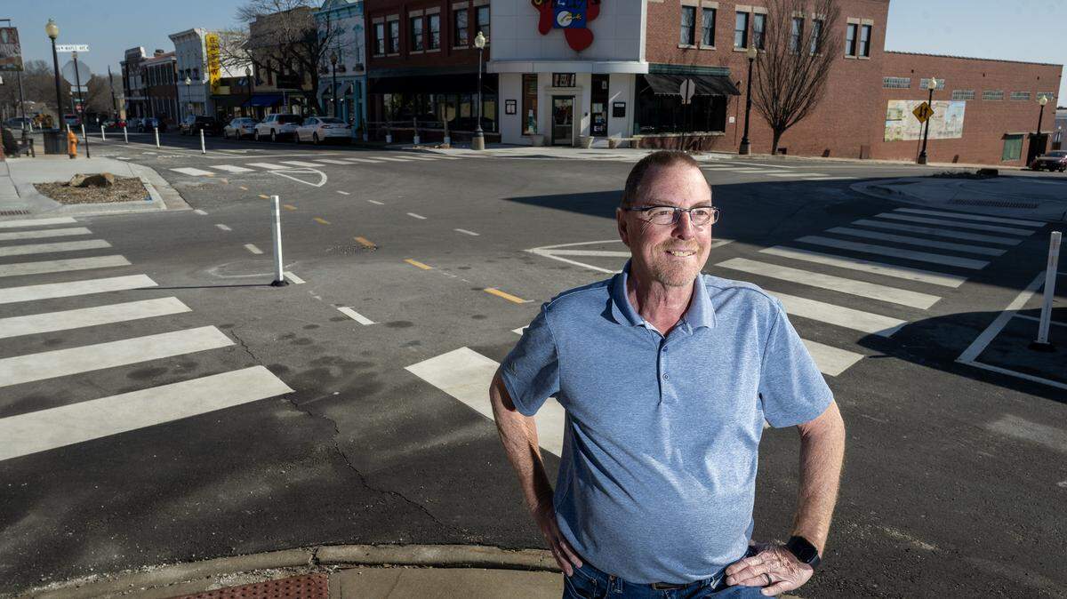 Kevin King, an independent, is running for mayor of Independence, Missouri. After an interview, he stood for a portrait on Tuesday, March 25, 2026, on the square in Independence.