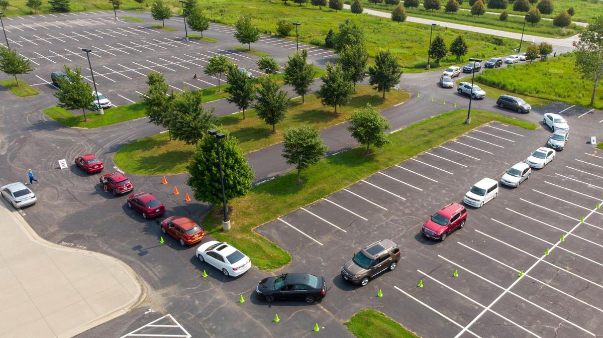 Vehicles lined up at a Jackson County COVID-19 testing clinic at Legacy Park in Lee’s Summit on Wednesday morning, August 4, 2021. A few weeks ago the clinic was averaging only 15 people per day seeking testing according to a Jackson County Health Department spokesperson. Since last week, the staff have seen a dramatic increase in testing demand at this clinic.