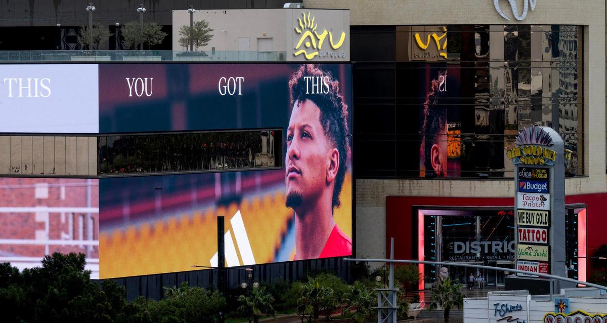 A new advertising campaign launched by Adidas features Kansas City Chiefs quarterback Patrick Mahomes, here displayed near the Resort World hotel, on Monday, Feb. 5, 2024, in Las Vegas.