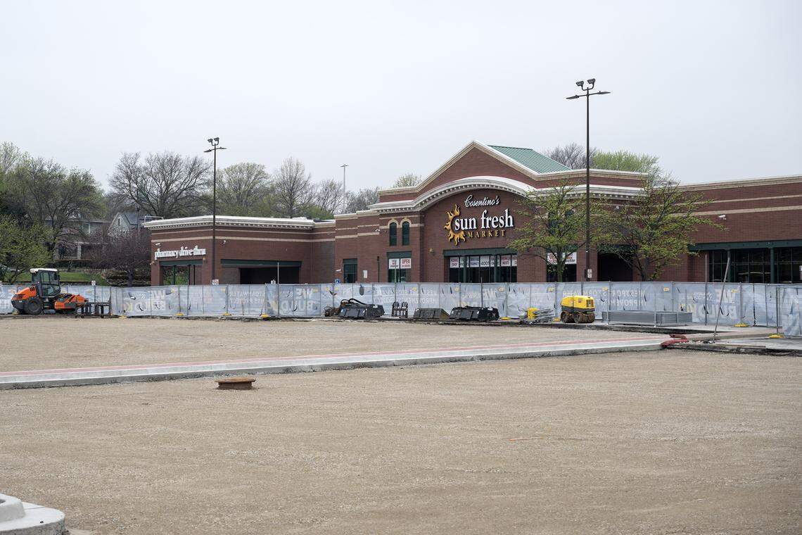 Construction is seen near the parking lot of a Cosentino's Sun Fresh Market on Friday, April 10, 2026, in Kansas City.