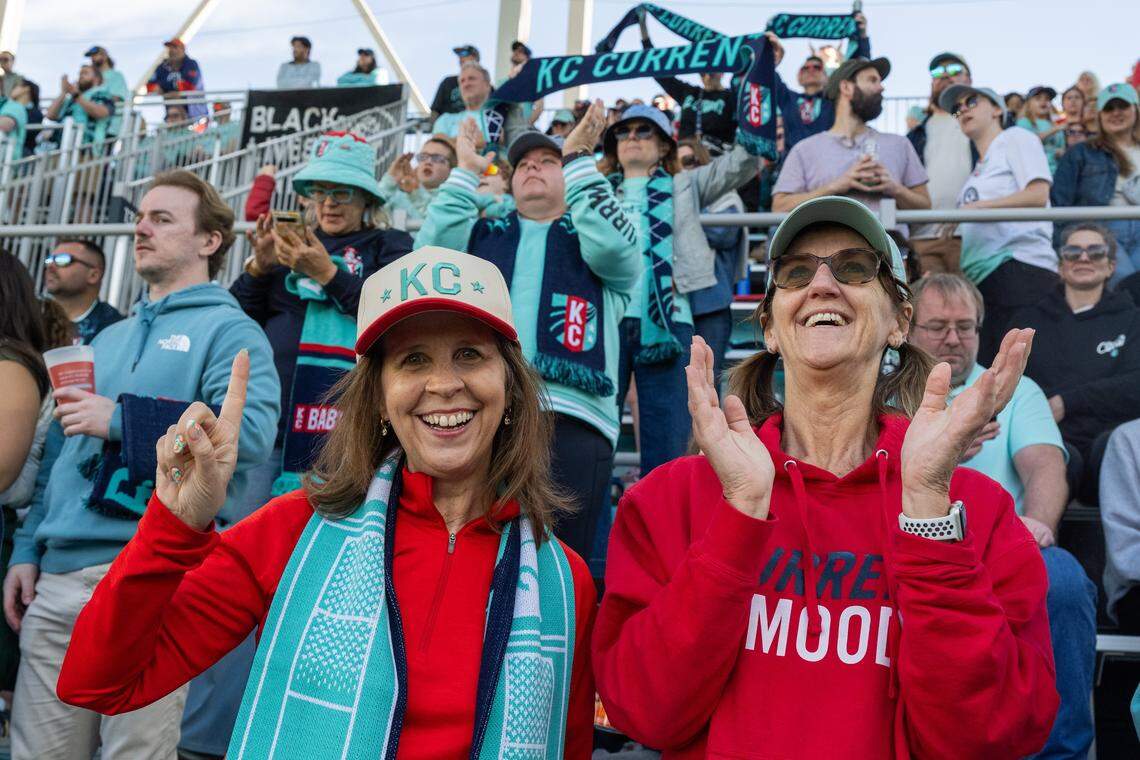 Kansas City Current fans cheer for their team after a goal in the second half of their season opener vs. the Utah Royals on Saturday, March 14, 2026, at the CPKC Stadium. The Current won 2-1 against the Utah Royals.