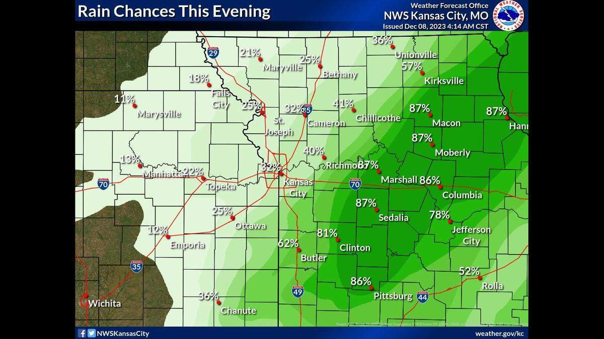Showers and a few thunderstorms are expected Friday as a storms pass through the Kansas City area, according to the National Weather Service. The heavier rains are expected to the east of the metro area.