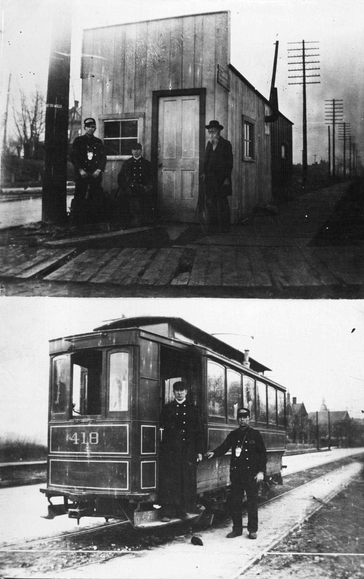 Waiting room which the street railway company built at the southwest corner of Main Street and Linwood Boulevard in 1899. Below is one of the Main Street cars of that period.