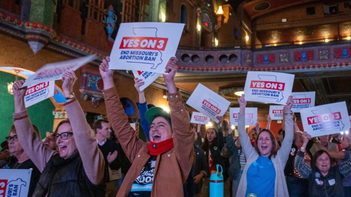 Supporters and organizers of Amendment 3 and Proposition A celebrate the results of the election at a watch party at Uptown Theater in Kansas City on Election Day, Tuesday, Nov. 5, 2024.