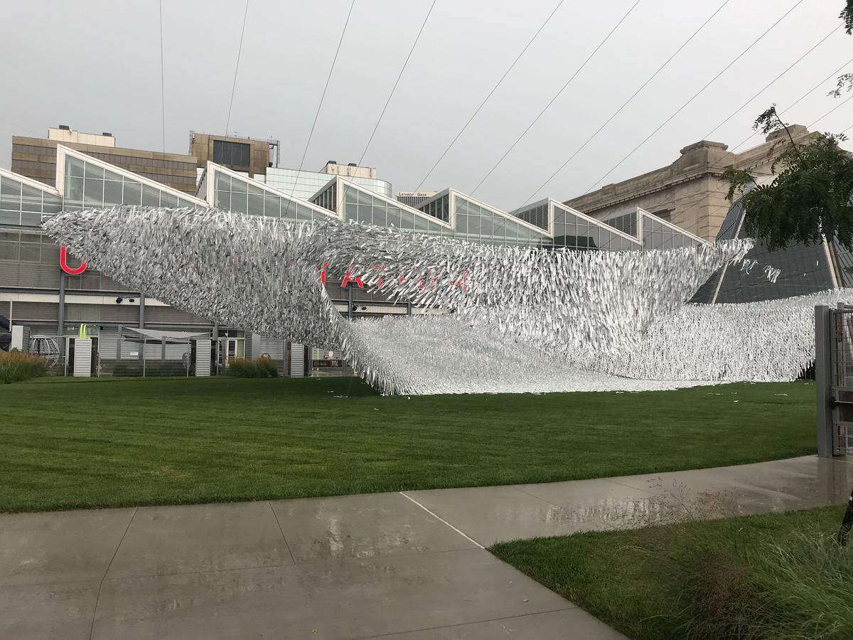 “Reflecting Motion,” a kinetic sculpture on display at Union Station in Kansas City, was damaged after a storm Wednesday morning.