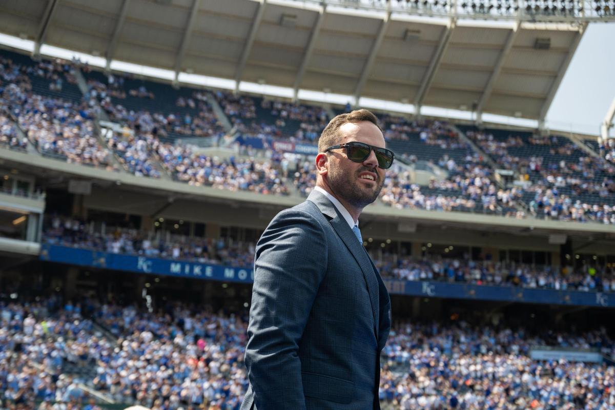 Mike Moustakas walks out to give his retirement speech in front of fans befroe the game agains the Tigers on Saturday, May 31, 2025 at Kauffman Stadium. Moustakas officially retired as a Royal after a 12-year career in Major League Baseball.