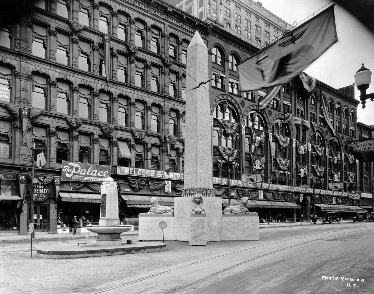 Street decorations in front of Sheidley Building, 901 Main, 1924, General Photograph Collection (P1).