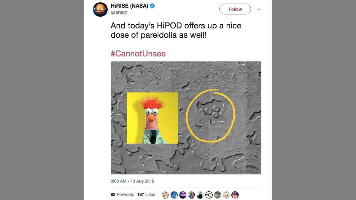 A new NASA photo of Mars shows a spot on the plant’s surface that looks to some people like Beaker, the scientist Muppet. It’s an “overdue honor for Earth’s most-abused Muppet,” says Live Science.