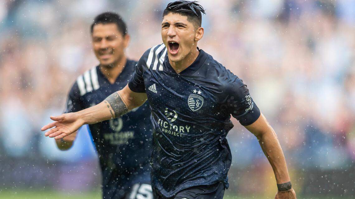 Sporting Kansas City forward Alan Pulido (9) celebrates after scoring the tying goal during match between Sporting Kansas City and Los Angeles FC on Saturday June 26, 2021 at Children’s Mercy Park in Kansas City, KS.