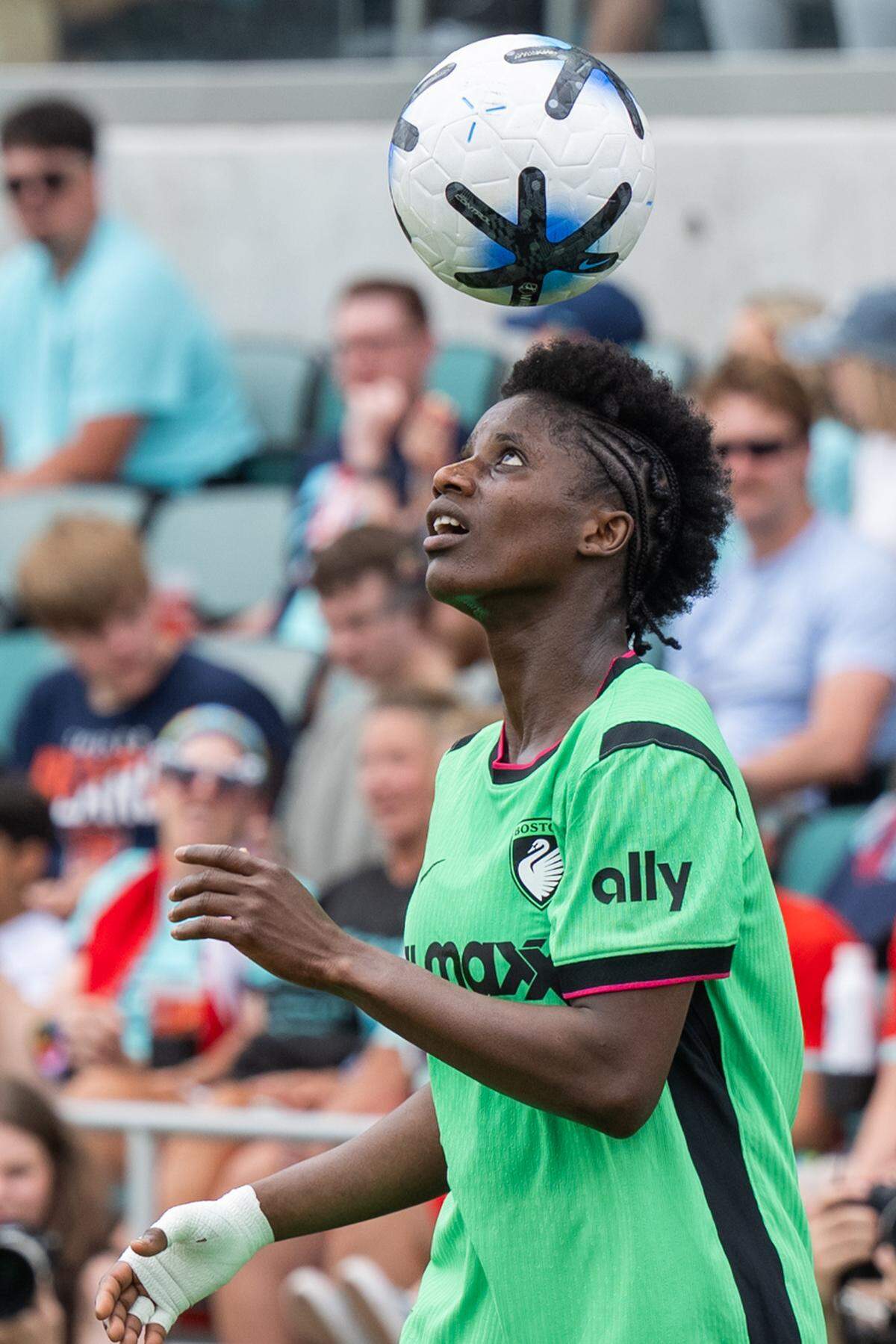 Boston Legacy FC forward Aïssata Traoré plays with the ball during a break in the action of an NWSL soccer match against the KC Current on Saturday, May 30, 2026 at CPKC Stadium in Kansas City. KC won 1-0.