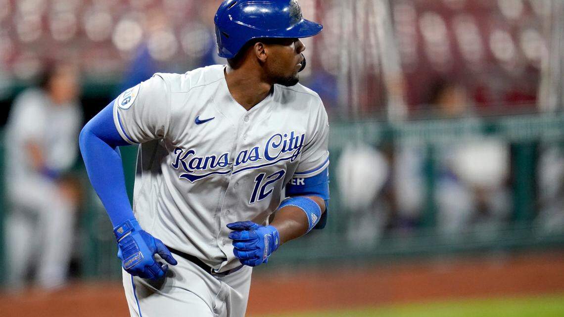 Kansas City Royals’ Jorge Soler watches his three-run home run during the sixth inning of a baseball game against the St. Louis Cardinals Monday, Aug. 24, 2020, in St. Louis. (AP Photo/Jeff Roberson)