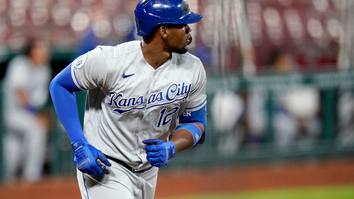 Kansas City Royals’ Jorge Soler watches his three-run home run during the sixth inning of a baseball game against the St. Louis Cardinals Monday, Aug. 24, 2020, in St. Louis. (AP Photo/Jeff Roberson)