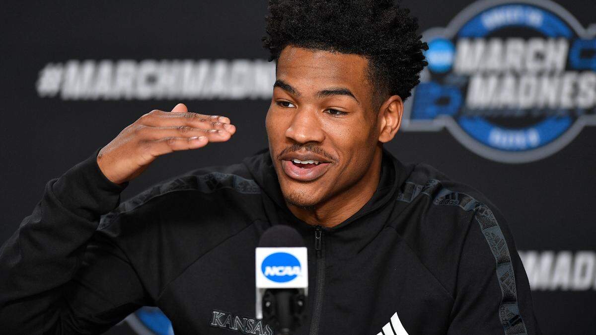 KU senior guard Ochai Agbaji takes questions from the media during a press conference Thursday afternoon at the United Center in Chicago, where the Jayhawks will play Providence Friday night in the Sweet Sixteen of the NCAA Tournament.