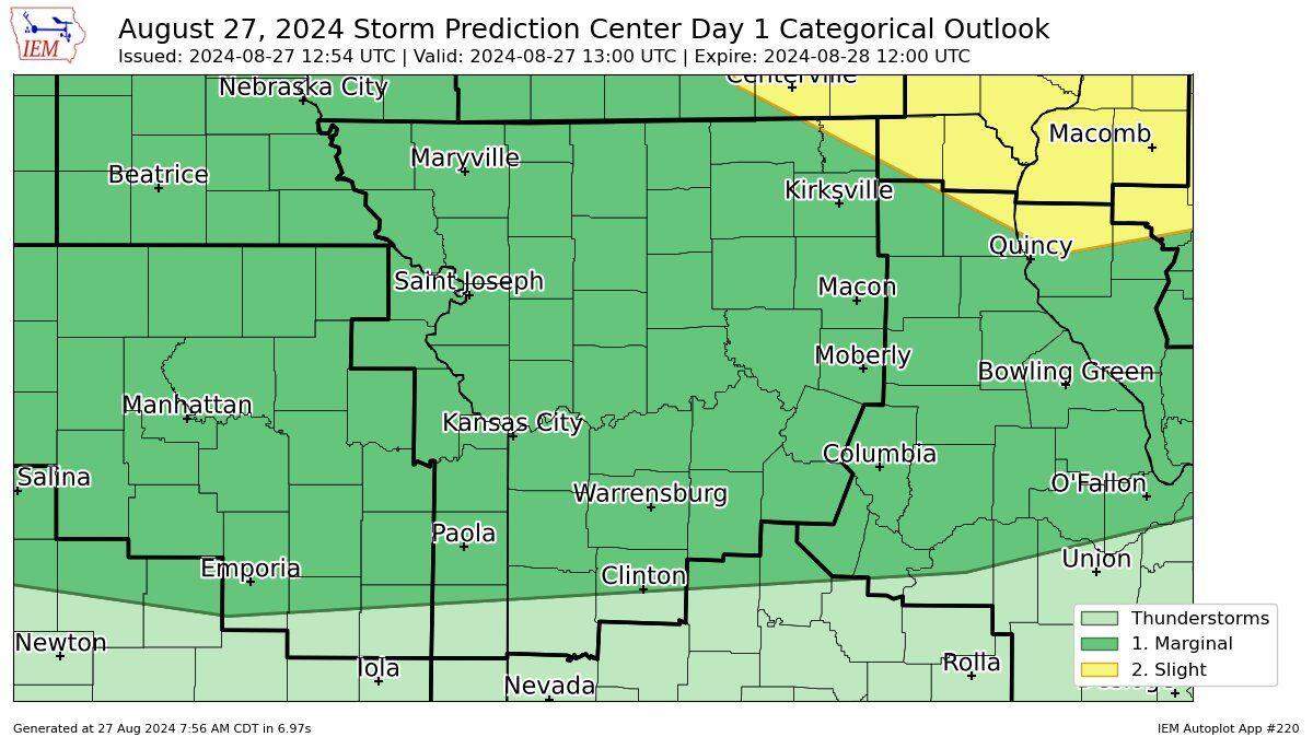 Scattered, strong thunderstorms will be possible Tuesday evening and night across most of north and central Missouri, including the Kansas City area, according to the National Weather Service’s Storm Prediction Center.