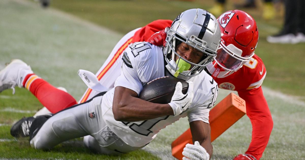 Las Vegas Raiders wide receiver Tre Tucker (11) beats Kansas City Chiefs safety Bryan Cook (6) to make a catch for touchdown in the second half on Friday, Nov. 29, 2024, at GEHA Field at Arrowhead Stadium.