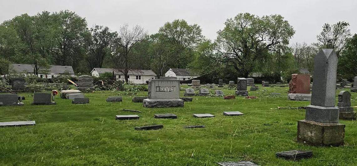 Damage is seen at the Belton Cemetery near West Cambridge Road in south Belton on Friday, April 17, after a tornado reportedly touched down in the area. Initial reports from city officials detailed downed trees and power lines in the city.