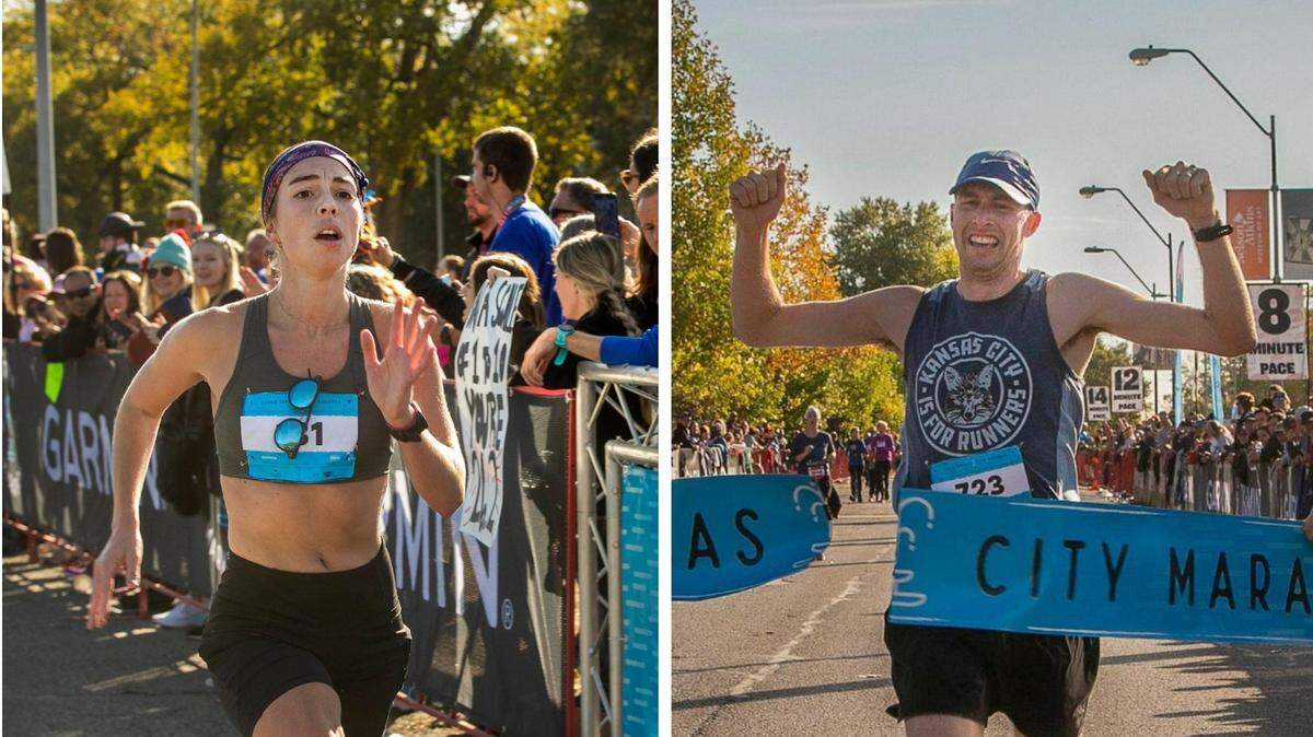 Kaitlyn Shea, left, and Kyle Baldwin, both of Kansas City, were the overall women’s and men’s winners of Saturday’s Garmin Kansas City Marathon.