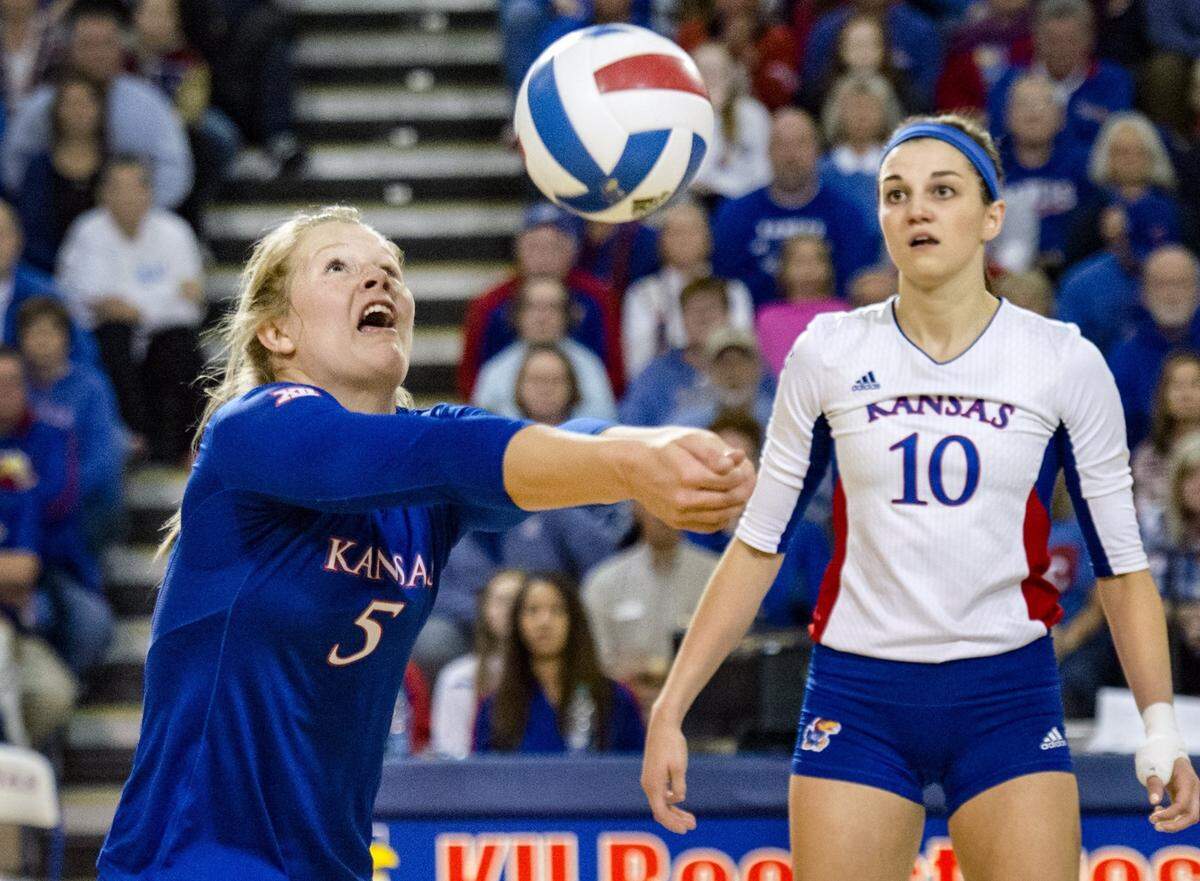 Cassie Wait, left, plays during a Big 12 championship match against Iowa State in Lawrence.