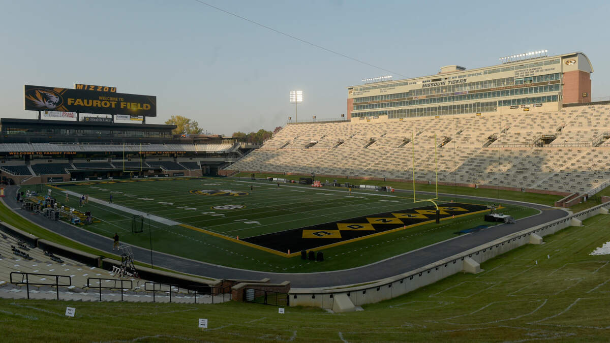 Faurot Field is quiet before the arrival of teams and limited fans for the start of an NCAA college football game between LSU and Missouri Saturday, Oct. 10, 2020, in Columbia, Mo. (AP Photo/L.G. Patterson)