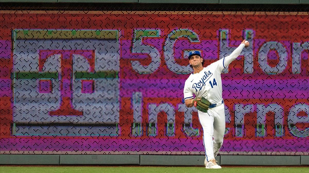 Kansas City Royals outfielder Jac Caglianone (14) plays the ball off the wall in the game against the New York Yankees on Tuesday, June 10, 2025, at Kauffman Stadium in Kansas City.