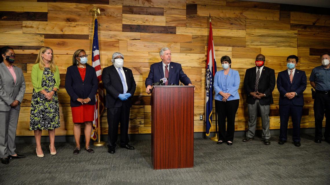 Missouri Gov. Mike Parson speaks about violent crime in Kansas City following a meeting with local elected officials at Kansas City Police Department East Patrol station on Monday, July 20, 2020.