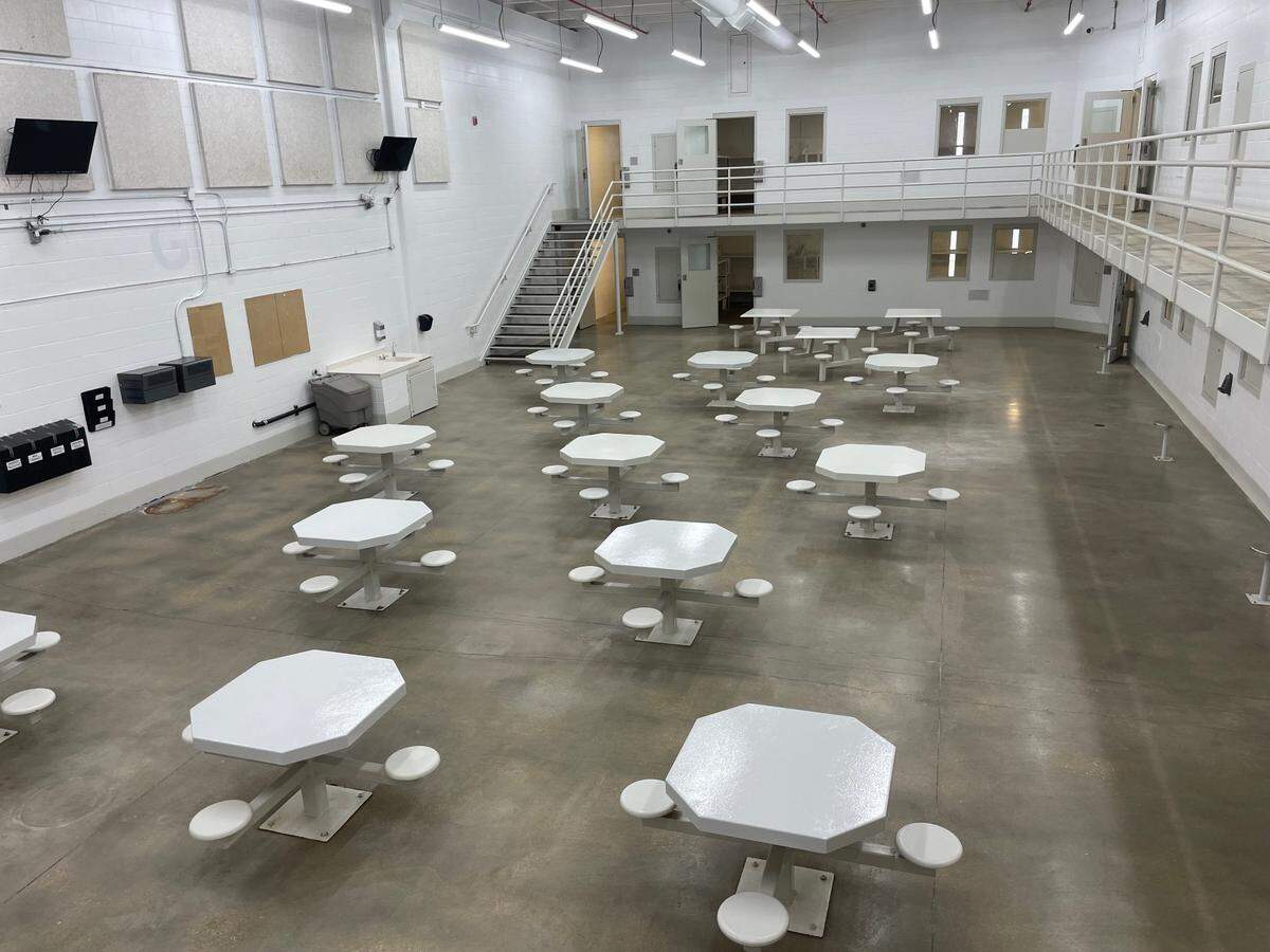 A day room attached to cells at the Midwest Regional Reception Center private prison in Leavenworth, Kansas,