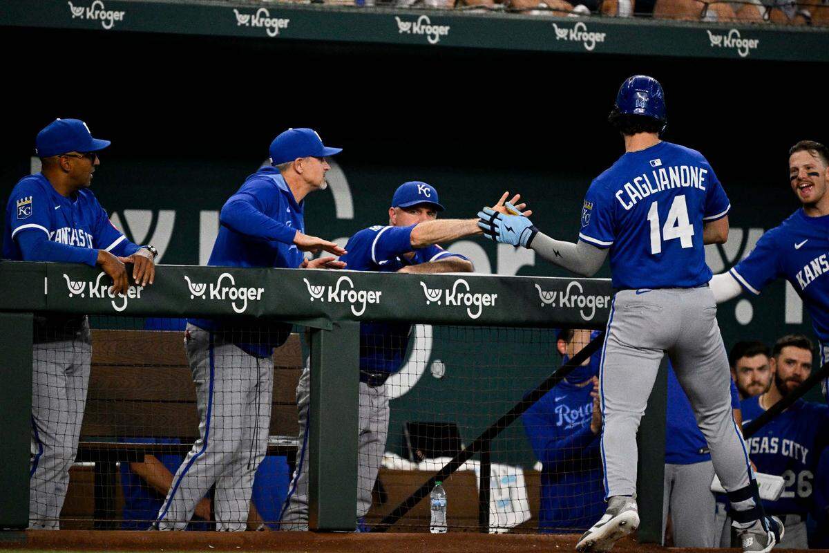 Kansas City Royals right fielder Jac Caglianone (14) celebrates with his teammates after hitting a home run against the Texas Rangers during the ninth inning at Globe Life Field on June 19, 2025.