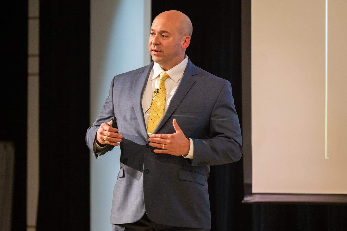 Michael Mire, a candidate for KCFD Chief, responds to a question during a public forum at the Truman Forum Auditorium at the Kansas City Public Library, on Thursday, December 4, 2025. Candidates answered questions separately about how they would approach the position.