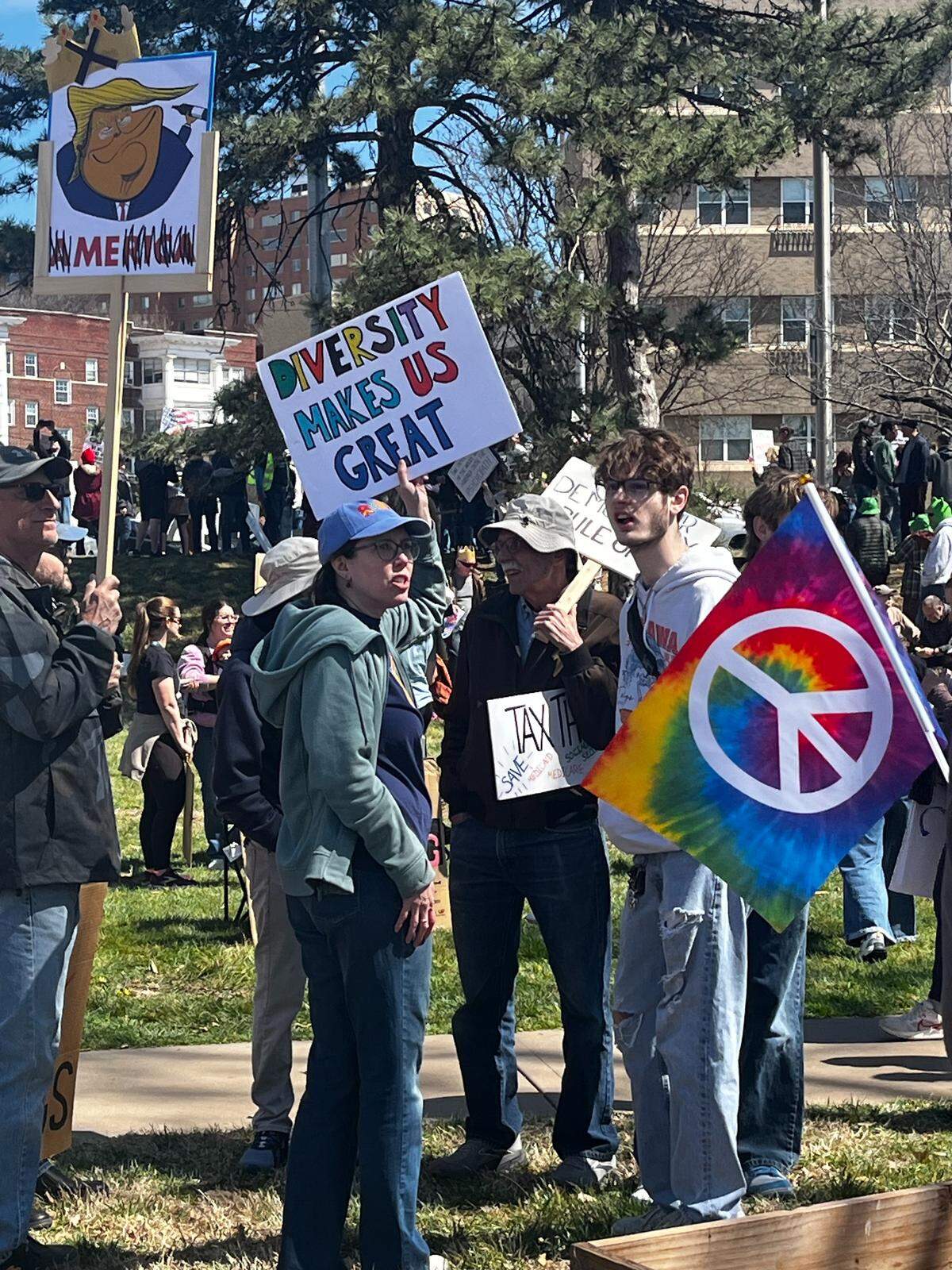 Protesters gathered at the Country Club Plaza for No Kings Rally March 28, 2026.