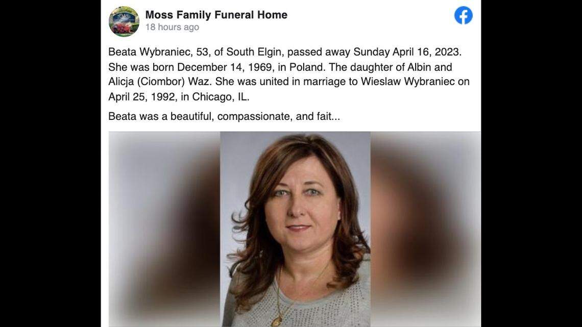 Beaty Wybraniec, 53, was stabbed to death by her son at their Illinois home, police say.