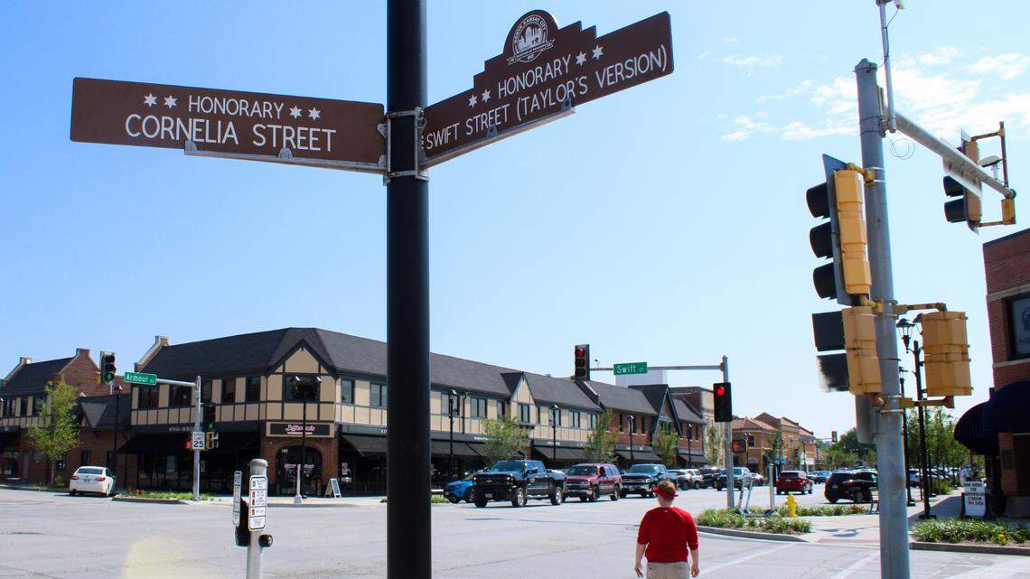 The street sign honoring Taylor Swift stands at the southeast corner of Armour and Swift in North Kansas City.