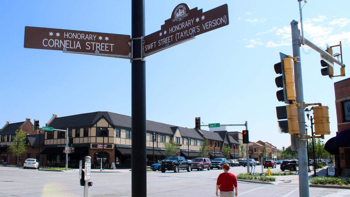 The street sign honoring Taylor Swift stands at the southeast corner of Armour and Swift in North Kansas City.