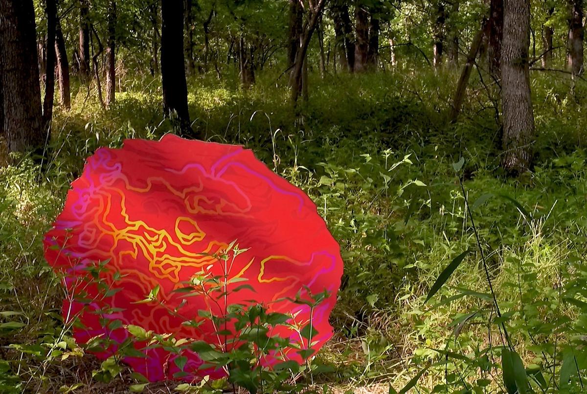 Local artist Shawn Bitters recently installed a  3/4-mile participatory piece of art called “Burn Out’” along the Rancho D-Lux Trail in Swope Park. Brightly colored aluminum “stones” are mounted in the brush.