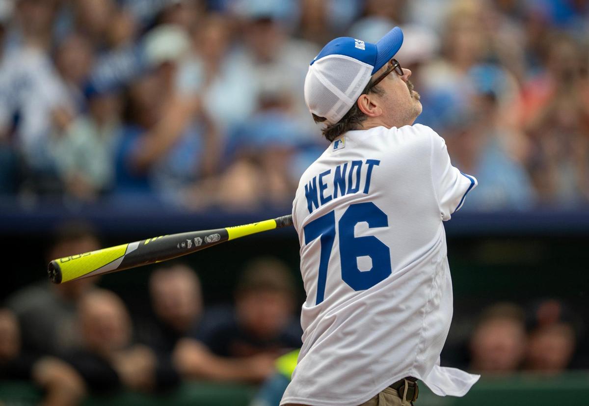Jason Sudeikis sports a jersey honoring his late uncle, George Wendt, during the Big Slick Celebrity Softball game on Friday, May 30, 2025, at Kauffman Stadium in Kansas City. Wendt passed away May 20, 2025.