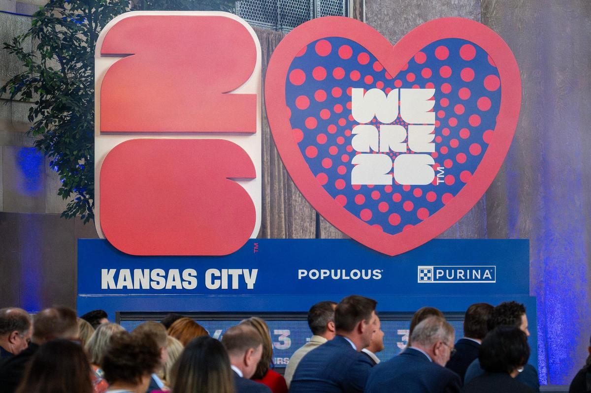 A countdown clock is revealed during the One Year To Go press conference for the FIFA World Cup at Union Station on Wednesday, June 11, 2025, in Kansas City.