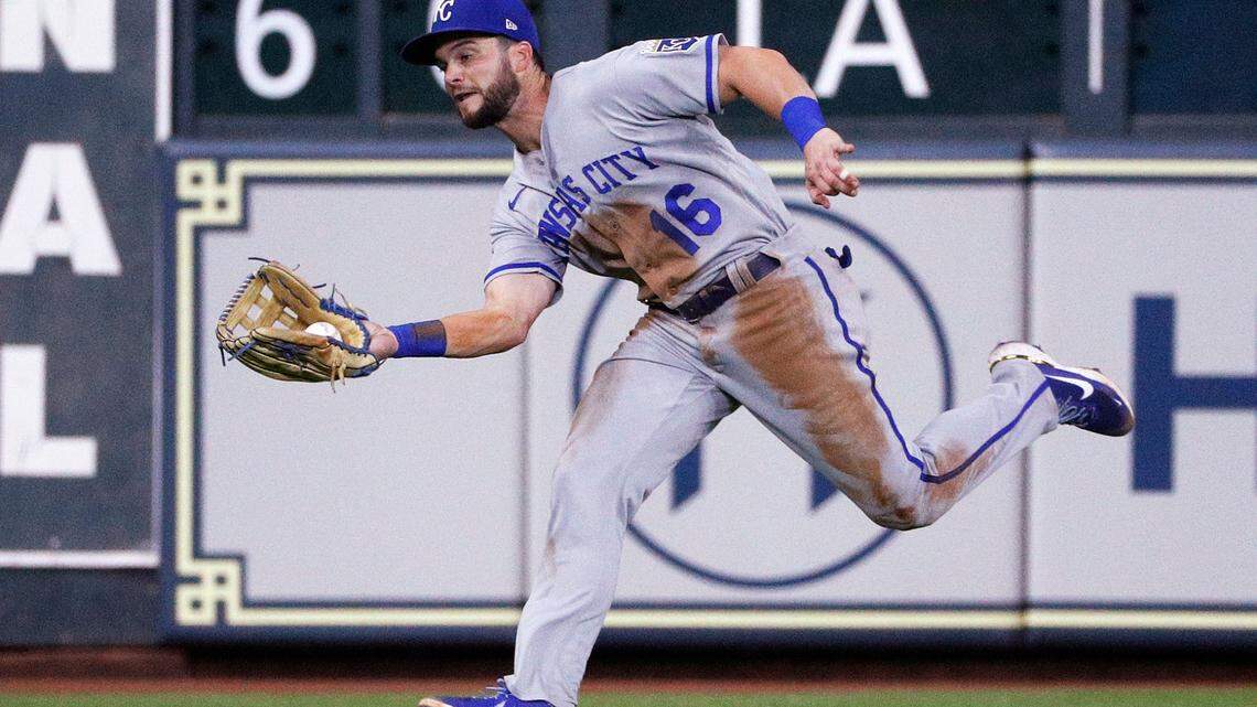 Kansas City Royals left fielder Andrew Benintendi makes a running catch on a fly ball from Houston Astros’ Mauricio Dubon during the fifth inning of a baseball game Wednesday, July 6, 2022, in Houston. (AP Photo/Kevin M. Cox)