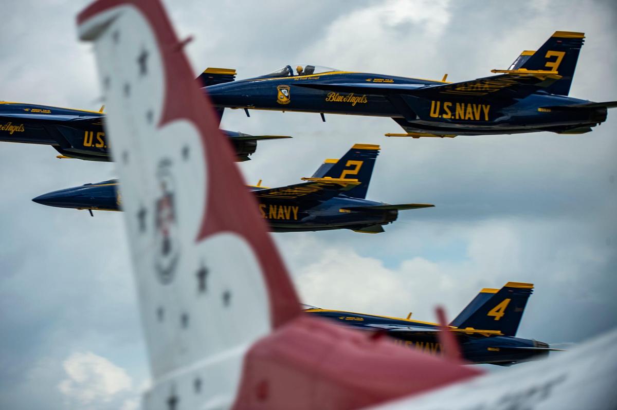 The U.S. Navy Blue Angels fly Thursday, July 1, 2021 at New Century AirCenter near Gardner, Kan. The Thunderbirds and Blue Angels arrived to fly in the KC Air Show this weekend.