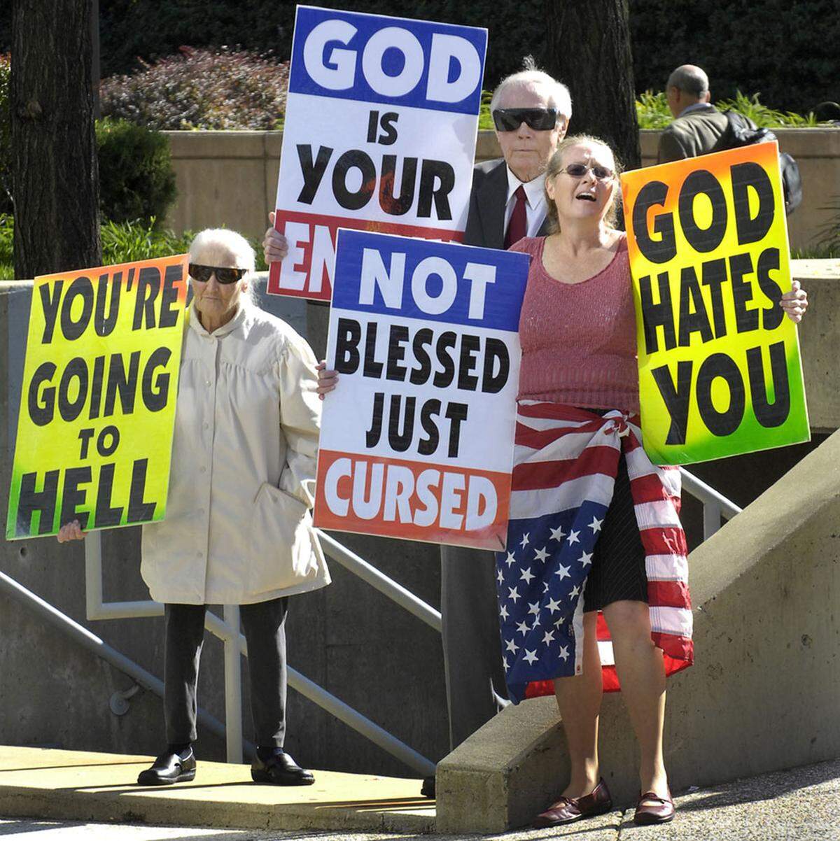 Members of the Topeka-based Westboro Baptist Church demonstrate on Pratt Street in downtown Baltimore, Maryland, on October 31, 2007. The protest took place across from the U.S. District Court. 
