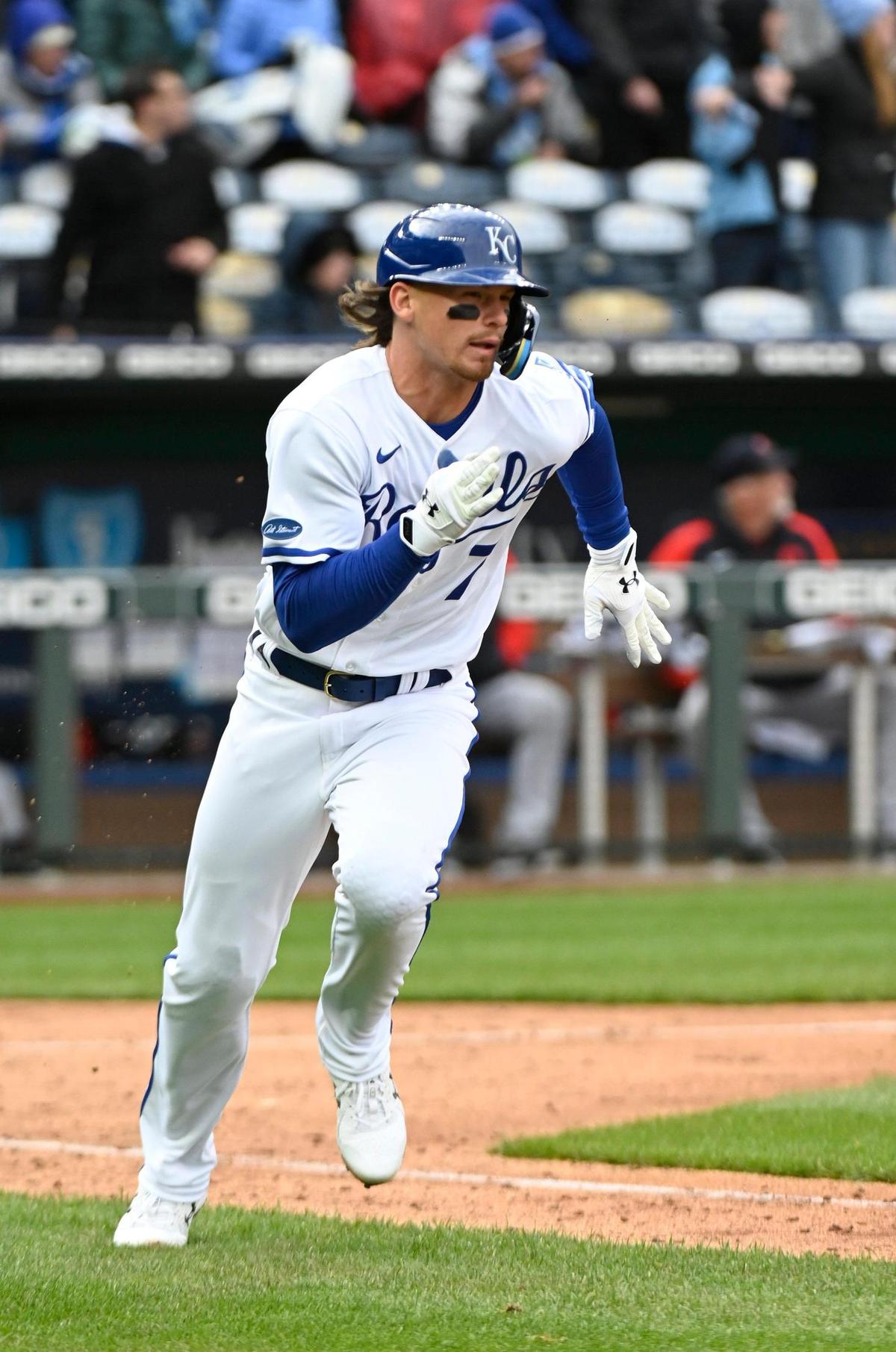 Making his MLB debut, Kansas City Royals infielder Bobby Witt Jr. runs to the base after belting out a hit and knocking in the game winning run against the Cleveland Guardians in the season opener Thursday, April 7, 2022, at Kauffman Stadium in Kansas City.