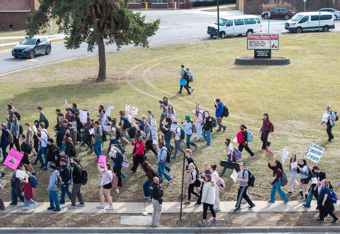Shawnee Mission North High School students marched in protest of ICE and the Trump administration's policies along on Wednesday, February 11, 2026, in Overland Park.