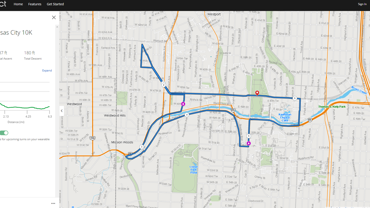 The map of the 10K route for the Garmin KC Marathon Saturday.