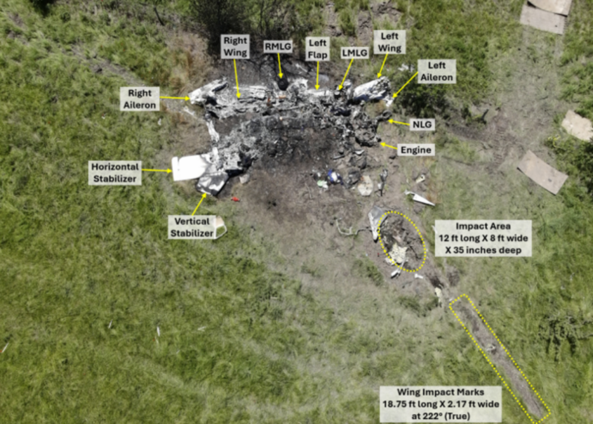 A report released by the National Transportation Safety Board shows the site of a plane crash in Butler, Missouri, that killed 12 people on June 14, 2026.