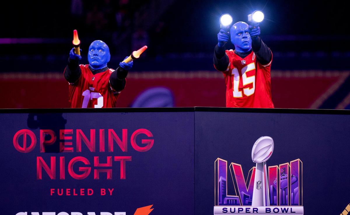 Members of Blue Man Group perform during Super Bowl LVIII’s Opening Night event at Allegiant Stadium on Monday, Feb. 5, 2024, in Las Vegas.