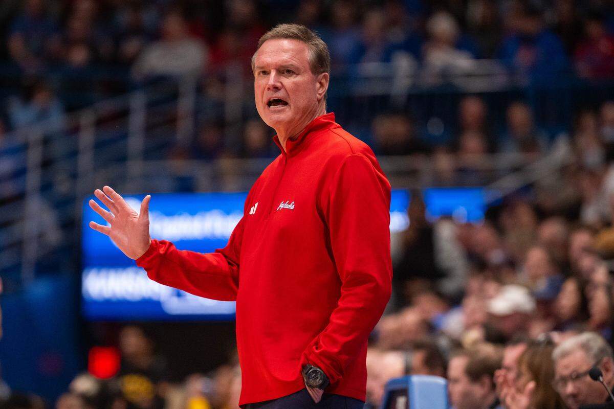 Kansas Jayhawks head coach Bill Self directs his team in the second half vs. the Towson Tigers on Tuesday, December 16, 2025, at Allen Fieldhouse.