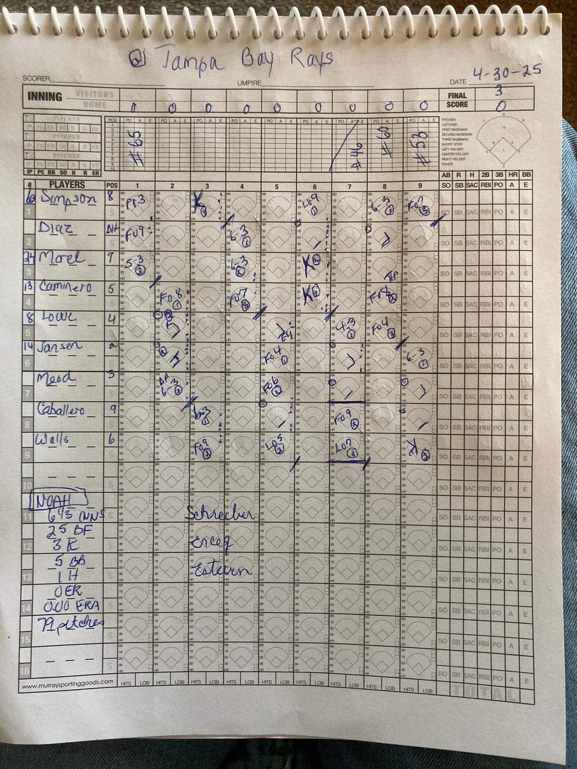 A scorebook from Noah Cameron’s younger days in baseball. He’s now playing for the Kansas City Royals of MLB.