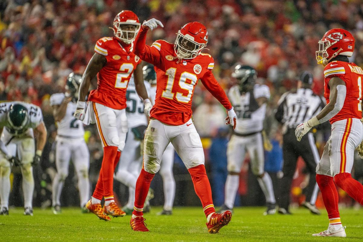 Kansas City Chiefs wide receiver Kadarius Toney (19) celebrates a punt return in the second quarter during an NFL football game against the Philadelphia Eagles at GEHA Field at Arrowhead Stadium on Monday, Nov. 20, 2023, in Kansas City.