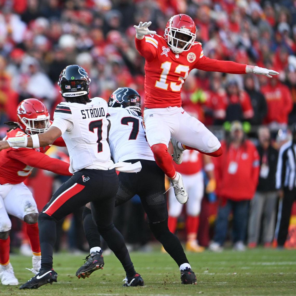 Kansas City Chiefs safety Nazeeh Johnson (13) pressures Houston Texans quarterback C.J. Stroud (7) in the second half on Saturday, Dec. 21, 2024, at GEHA Field at Arrowhead Stadium.