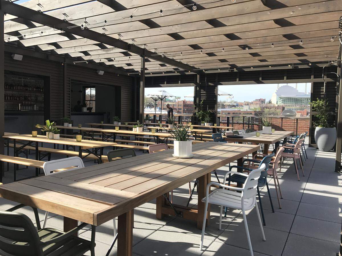 Percheron is a rooftop bar and restaurant at Crossroads Hotel, 2101 Central St.