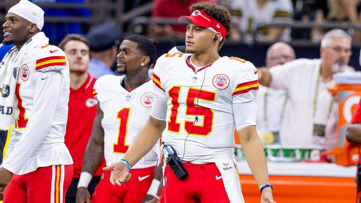 Kansas City Chiefs quarterback Patrick Mahomes watches the final sequence of Sunday’s preseason game against the Saints from the Caesars Superdome sideline in New Orleans.