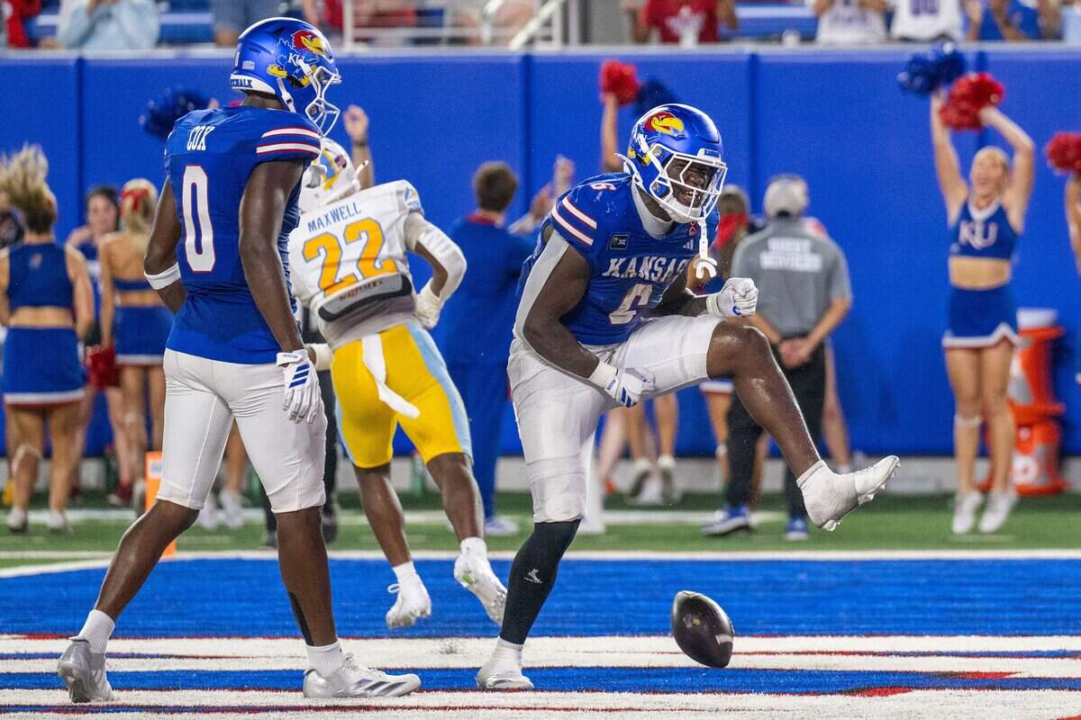 Kansas Jayhawks running back Yasin Willis (6) scores his second touchdown of the game in the Jayhawks game vs. Long Island University Sharks at David Booth Memorial Stadium on Friday, September 4, 2026, in Lawrence.